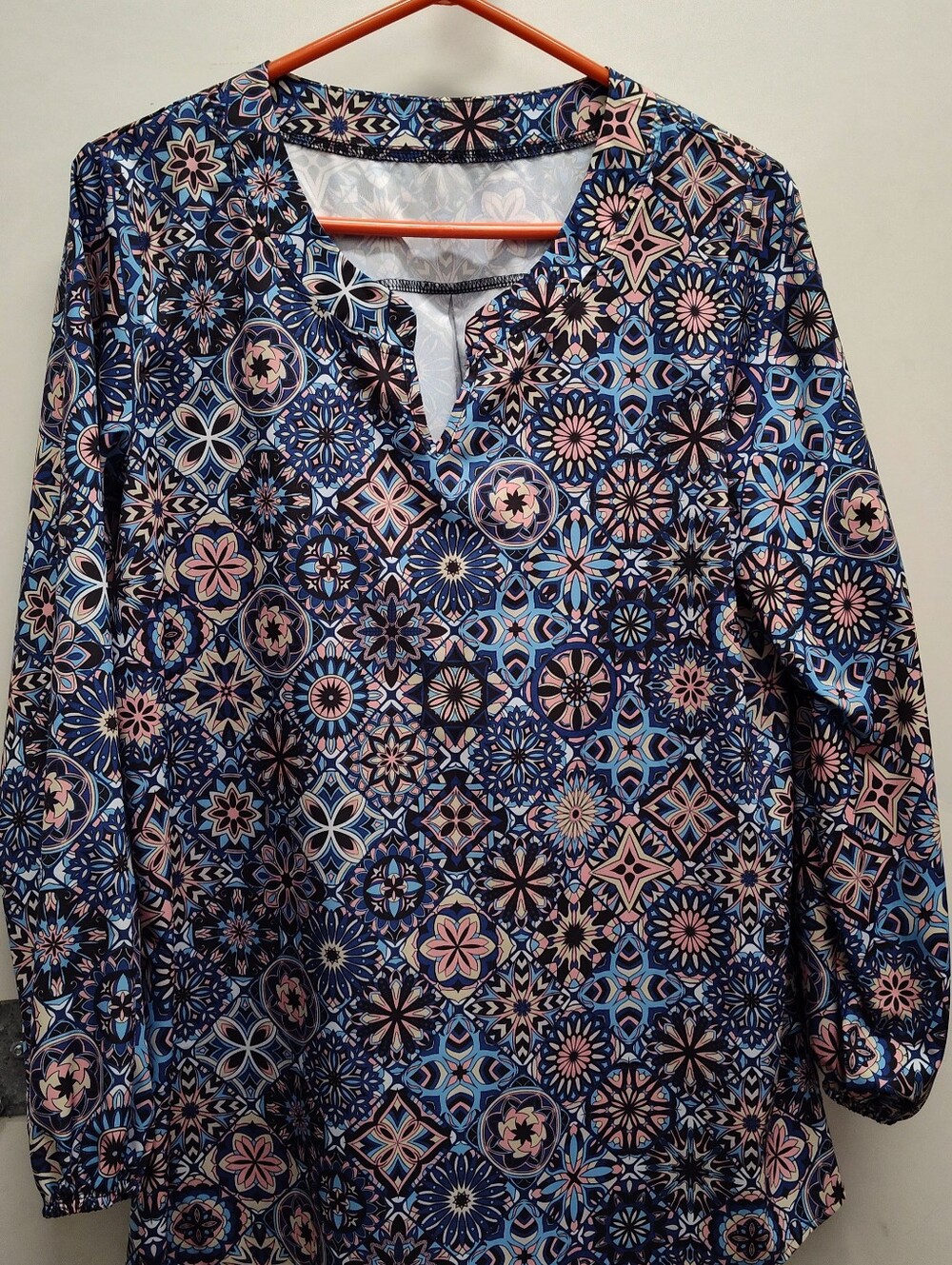 Women's Blue and Pink Mosaic Print Long Sleeve Blouse